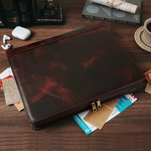 Vista 14 de Organizador de cartera de cuero genuino, carpeta de 3 anillos con bloc de notas, carpeta de cuero personalizada para hombres y mujeres
