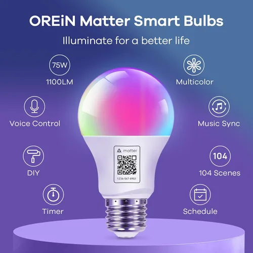Vista 2 de OREiN Matter Bombilla Inteligente, 1100 Lúmenes Equivalente a 75W Bombillas Inteligentes, Bombillas de Luz que Cambian de Color Funcionan con Apple