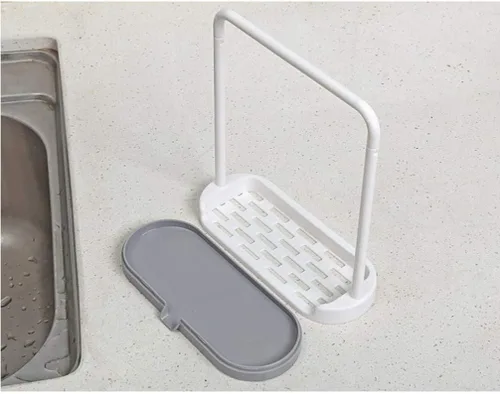 Vista 4 de Cabilock Estante de almacenamiento de trapo, toallero de cocina, soporte para toallas de platos, organizador de encimera de plástico, color gris