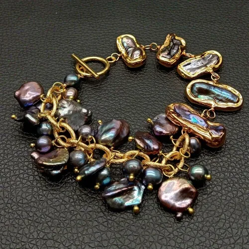 Vista 3 de Pulsera de cadena de perlas Keshi de 7.9in cultivadas de perlas biwa negras #3211