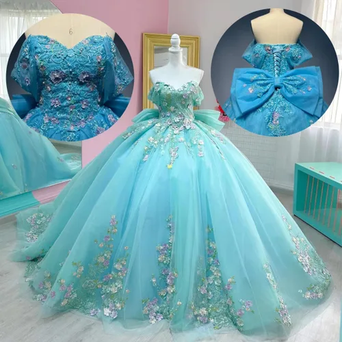 Vista 5 de Mauuwy Vestidos de quinceañera florales en 3D, vestido de baile de tul brillante hinchado, dulce 16 vestidos de encaje con hombros descubiertos