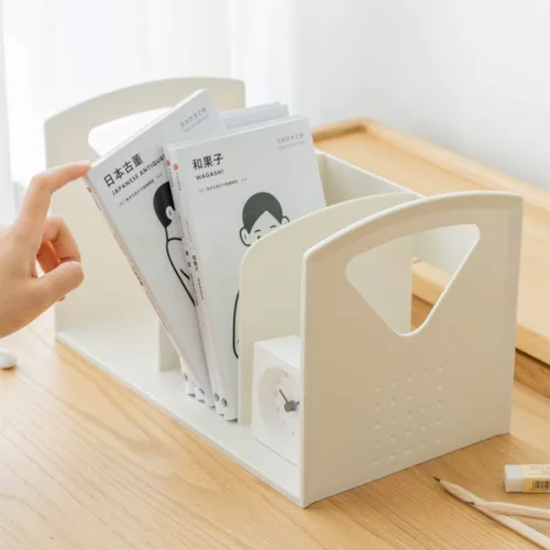 Vista 4 de Paquete de 2 estantes de escritorio para libros, estantería de escritorio pequeña, soporte para revistas F para el hogar, la escuela y la oficina