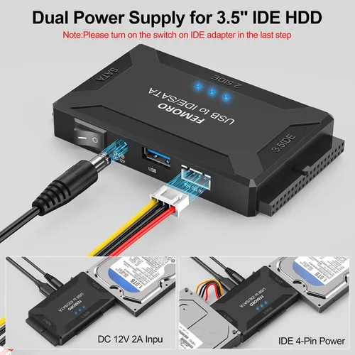 Vista 8 de FEMORO Lector de disco duro IDE SATA a USB 3.0 + adaptador USB C, kit de convertidor de recuperación de datos 3 en 1 con fuente de alimentación