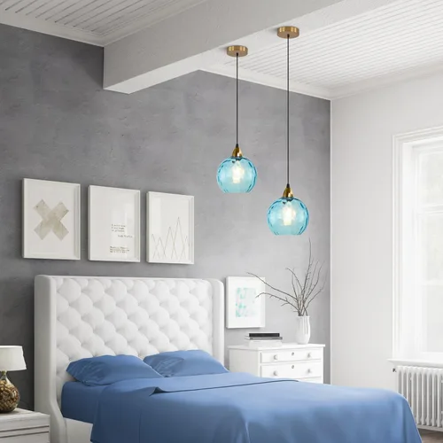 Vista 7 de BOKT Moderna Lámpara Colgante de Vidrio Azul Accesorio de Luz Latón Cepillado Dorado Globo Iluminación Colgante 1 Luz Bola Grande Redonda Lámpara