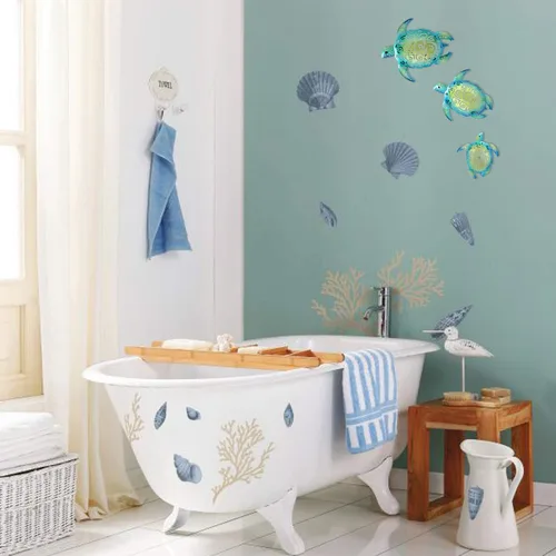 Vista 4 de YOUIN Juego de 3 decoraciones de pared de metal con temática de tortuga marina y playa, decoración de pared para interiores y exteriores, baño