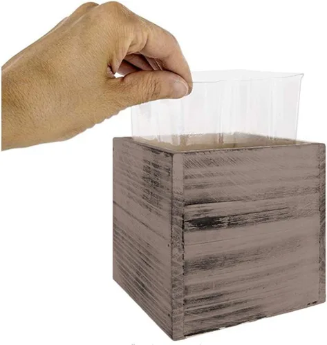 Vista 2 de Macetas cuadradas de madera rústica de 4 pulgadas con forro de plástico, juego de 2