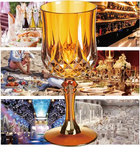 Vista 6 de Copas de vino de plástico de 7 onzas, 10 vasos de vino reutilizables ámbar, copas de champán vintage, copas de agua de cristal de plástico