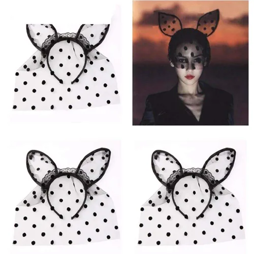Vista 5 de Diadema de encaje negro con velo orejas de conejo negro diadema aro para el pelo para Halloween Cosplay