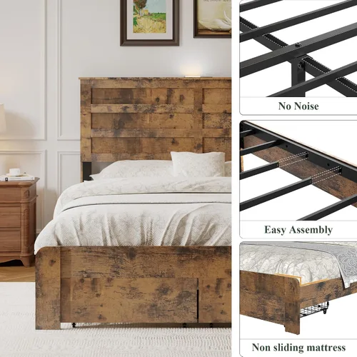Vista 4 de Base de cama matrimonial con cabecera y almacenamiento, plataforma de madera con 2 cajones, carga USB tipo C y luces LED, no necesita somier, sin