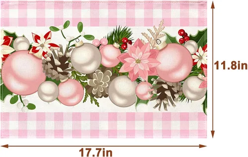 Vista 3 de Nepnuser Juego de 4 Manteles Individuales de Navidad a Cuadros Vichy y de Búfalo Rosa y Blanco, Decoración Navideña para Hogar Cocina Mesa de Comedor