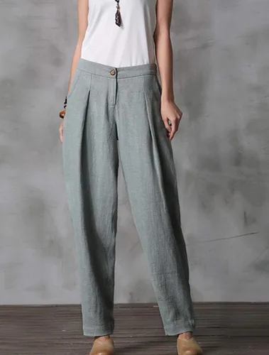 Vista 3 de Minibee - Pantalones informales de lino para mujer con cintura elástica y bolsillos