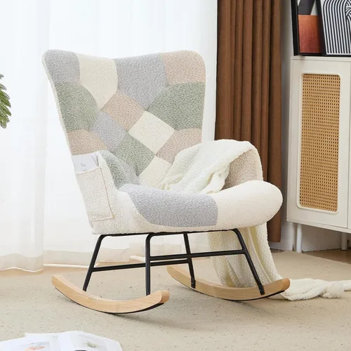 Vista 10 de Mecedora de cuarto de bebé con asiento deslizante tapizado en estilo oso de peluche, con respaldo alto, sillón acento con cómodo bolsillo lateral