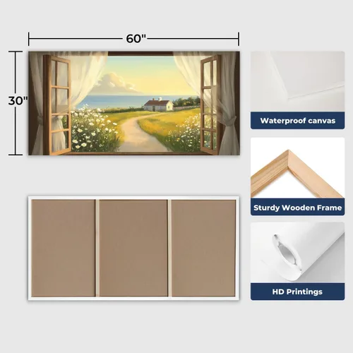 Vista 5 de Arte de pared costero vintage de 30 x 60 pulgadas, paisaje de ventana, granja, paisaje, naturaleza, pintura cálida, impresión sobre lienzo, arte