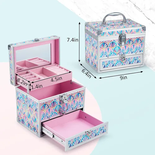 Vista 6 de Hododou Joyero organizador para niñas con cajón y espejo, estilo cola de sirena, estuche de almacenamiento con cerradura para niños o niñas