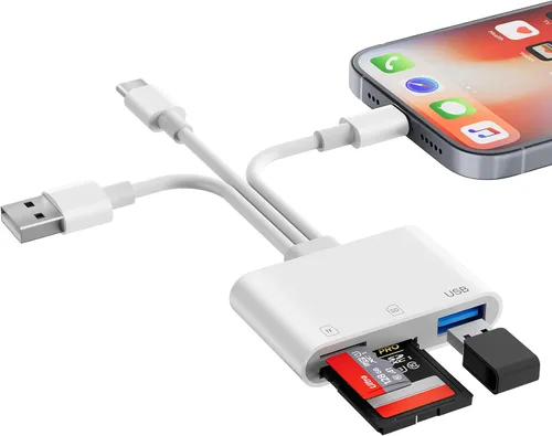 Vista 8 de Lector de tarjetas SD Denlane para iPhone iPad, lector de tarjetas de memoria con interfaz dual USB C y Lightning, adaptador de cámara digital