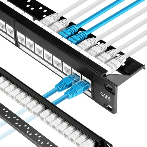 Vista 11 de Rapink Panel de conexión de 24 puertos Cat6 con soporte Keystone en línea 10G, panel de conexión con acoplador de paso UTP de 19 pulgadas con barra