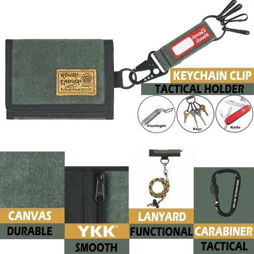 Vista 4 de Rough Enough - Cartera para niños y adolescentes hombres carteras con llavero táctico mosquetón lona verde militar Verde militar Casual
