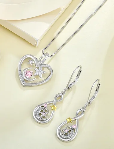 Vista 4 de PYNZY Moon and Star Pendant for Women, 925 Sterling Silver Heart Birthstones Necklaces for Jewelry Gifts