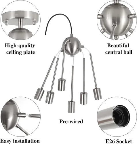 Vista 7 de LASENCHOO Lámpara de techo Sputnik, lámpara de techo de 8 luces Sputnik en níquel cepillado, lámparas de araña Sputnik, lámpara de techo moderna