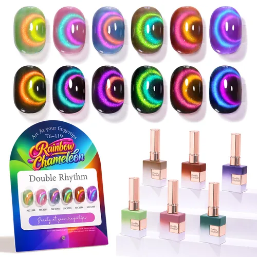 Vista 21 de Double Rhythm - Juego de esmalte de uñas de gel ojo de gato de 6 unidades, mismo color, misma botella, 14.8 ml, brillo con glitter, con imán Aurora