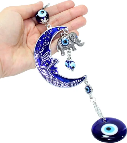 Vista 2 de Amuleto azul turco contra el mal de ojo (Nazar) Luna y elefante para colgar en la pared, decoración del hogar, bendición, inauguración de la casa