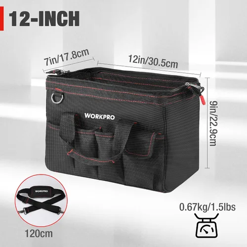Vista 2 de Workpro W081020A - Bolsa para herramientas de almacenamiento con boca ancha (12 pulgadas)