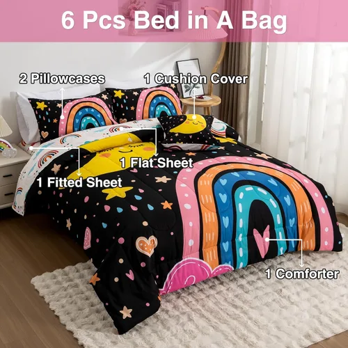 Vista 3 de A Nice Night Juego de ropa de cama de 6 piezas de arcoíris de dibujos animados con luna sonriente impresa para niños y niñas, juegos de edredón