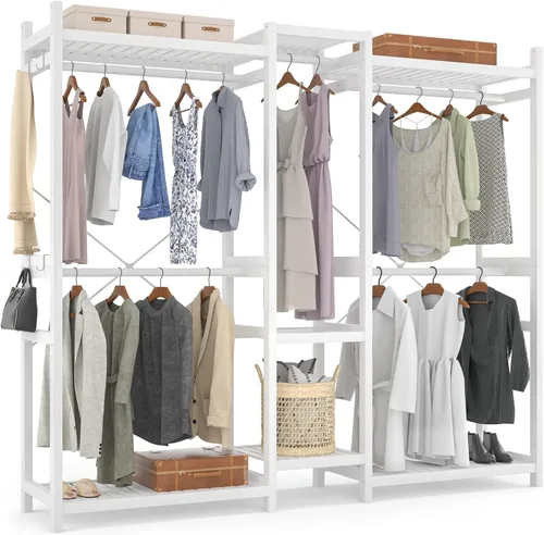 Vista 10 de Homykic Perchero de bambú para colgar ropa, perchero resistente con estantes ajustables de 7 niveles, varillas dobles, 4 ganchos, sistema de armario