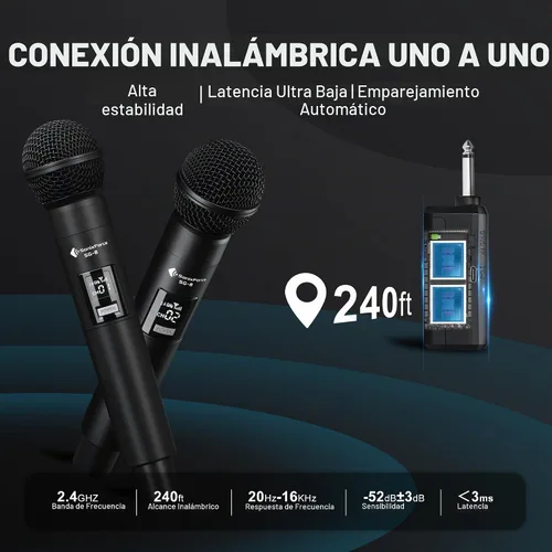 Vista 4 de Micrófono inalámbrico - Micrófono de karaoke para cantar - Micrófonos de mano dinámicos dobles recargables con receptor - Micrófono inalámbrico