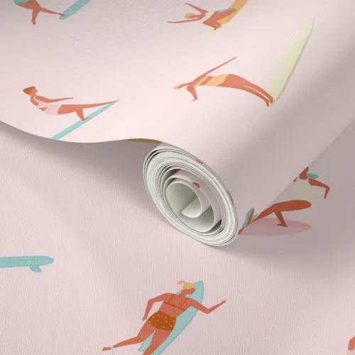 Vista 2 de Despegar y pegar papel tapiz Swatch - Chicas Surfers Rosa Surfing Girl Sport Hawaii Retro Ocean Nautical Beach Papel pintado personalizado extraíble