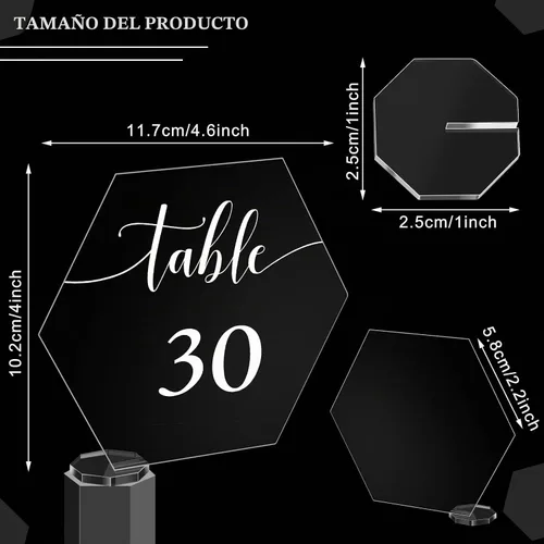 Vista 3 de 30 piezas de acrílico números de mesa 1-30 para recepción de boda, números de mesa transparentes 1-30 con soporte rectangular hexagonal para boda