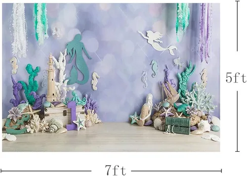 Vista 2 de MEHOFOND Telón de fondo de fotografía de sirena bajo el mar, 7 x 5 pies, decoración de fiesta de cumpleaños para niña, decoración de fiesta