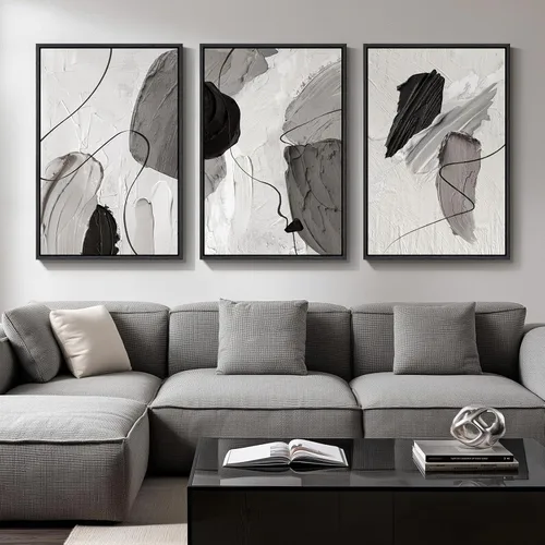 Vista 40 de Arte de pared abstracto moderno enmarcado en blanco y negro, 3 piezas de impresiones en lienzo pinturas obras de arte para paredes, cuadros Negro
