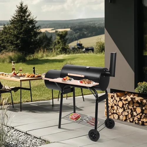 Vista 7 de Outvita Barbacoa de carbón, parrilla de patio al aire libre con ahumador offset, ruedas y bandeja para picnics en el balcón, fiesta y camping