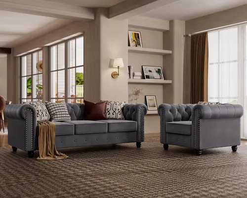 Vista 11 de Morden Fort - Juego de sillas y sofá Chesterfield clásico, con reposabrazos acolchados y patas de madera maciza, sofá cama para mascotas, cómodo
