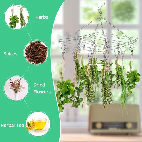 Vista 3 de Bokon 4 piezas de tendedero colgante para hierbas macramé con clip de acero inoxidable para secar hierbas, plantas de aire, especias, flores