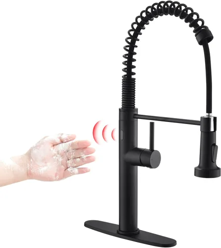 Vista 10 de Fapully Grifo de cocina sin contacto con rociador extraíble, sensor negro y dorado, grifo comercial de fregadero de cocina de una sola manija