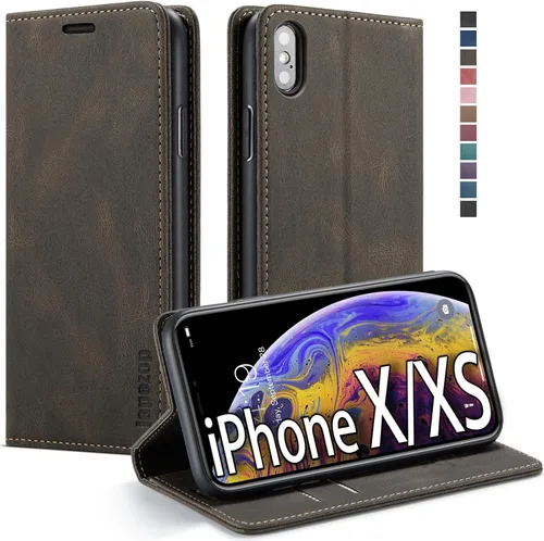 Vista 16 de japezop Funda tipo cartera compatible con iPhone Xs/iPhone X con tarjetero y bloqueo RFID, funda de cuero suave con soporte magnético y funda Negro