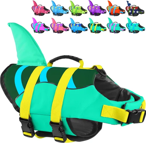Vista 22 de Chaleco salvavidas para perros de Fragralley Shark, chaleco salvavidas ajustable para perros con aleta de tiburón, adecuado para perros pequeños
