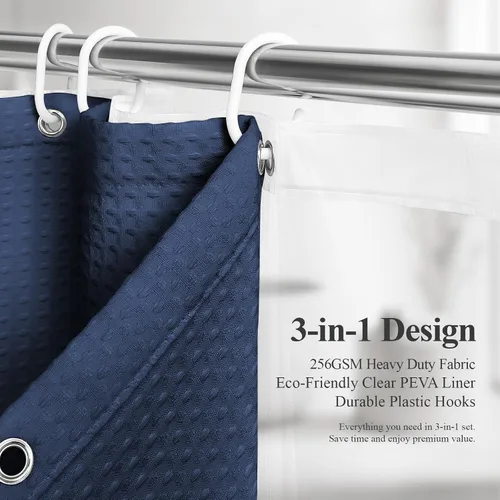 Vista 2 de 3 in 1 Waffle Shower Curtain Set with PEVA Liner 72Wx72H Navy Blue Azul marino
