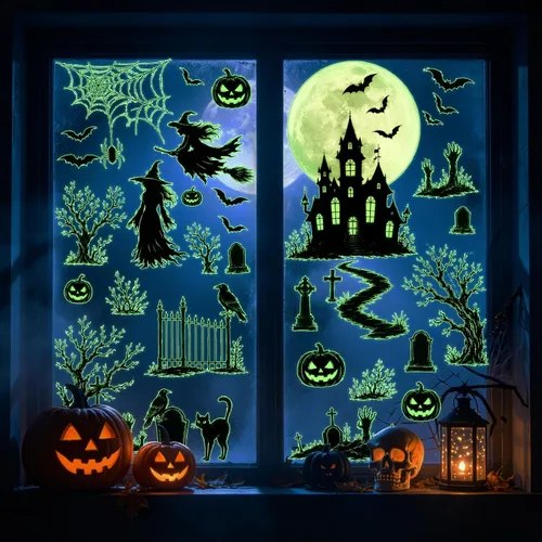 Vista 14 de 3 hojas de calcomanías luminosas de murciélago de Halloween que brillan en la oscuridad, calcomanías luminosas de murciélagos de Halloween