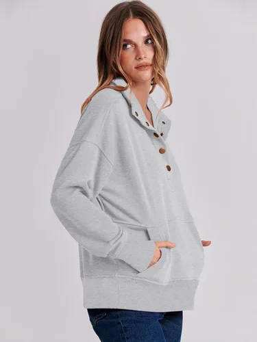 Vista 7 de ANRABESS Sudadera casual de manga larga para mujer, con botones, cuello en V, holgada, con bolsillos