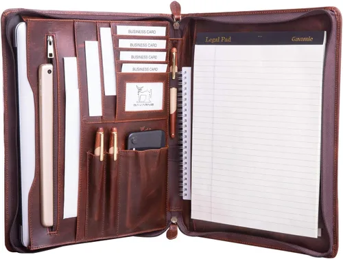 Vista 11 de Portafolio Carpeta Profesional de Cuero Genuino con Cremallera para Hombres y Mujeres, Portafolio de Trabajo con Bloc de Notas para Reuniones