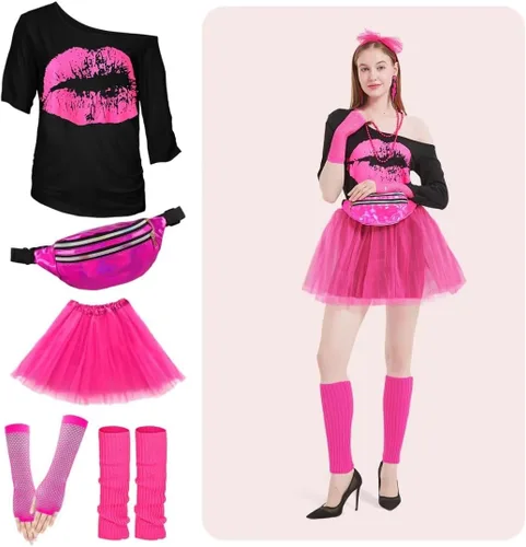 Vista 4 de WILDPARTY Accesorios de disfraz de los años 80 para mujer, camiseta, tutú, riñonera, diadema, aretes, collar, guantes de red, calentadores de piernas