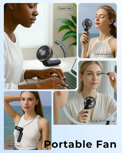 Vista 7 de TUNISE Ventilador de Mano Portátil Recargable, Ventilador Portátil de 4000mAh, Ajustable 180°, 6 Velocidades de Viento, Pantalla de Electricidad