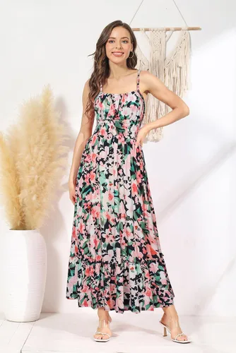 Vista 4 de GRACE KARIN Vestido largo de verano para mujer, casual, sin mangas, con tirantes delgados, volantes, acampanado, para la playa, con bolsillos