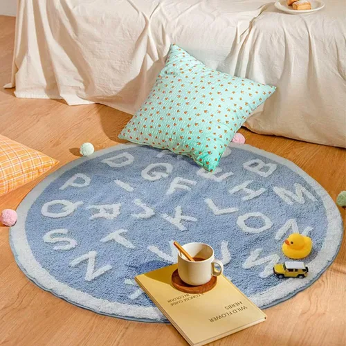 Vista 2 de Alfombra de juego redonda ABC de 2.6 pies para niños, sala de juegos, alfombra suave con alfabeto para habitación de bebé, alfombra antideslizante