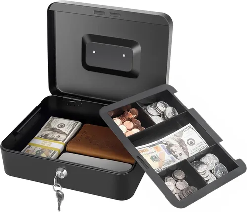 Vista 2 de Caja de dinero con cerradura y bandeja de dinero, caja de dinero de metal, caja grande para dinero 9.84 x 7.87 x 3.54 pulgadas, color negro