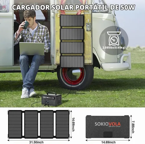 Vista 4 de SOKIOVOLA [Actualizado] Paneles solares plegables 50W Cargador de panel solar portátil 3 puertos de salida (USB-A USB-C DC) Panel solar plegable