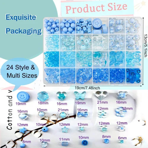 Vista 4 de 450 cuentas de acrílico azul surtidas – corazón pastel, estrella, mariposa, cara sonriente, Mickey lindo a granel estético a granel para pulseras